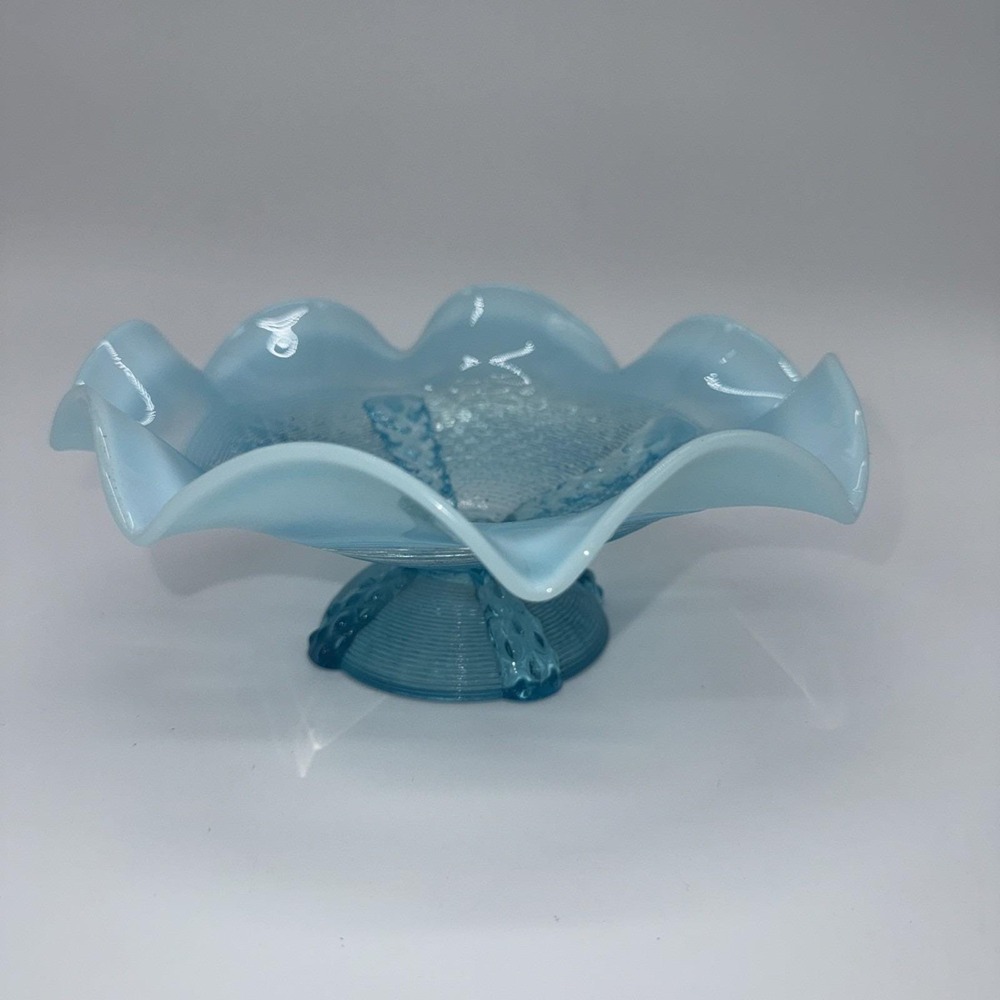 Vintage Northwood Glass "Button Panels"Light Blue Opalescent Footed Ruffled Bowl